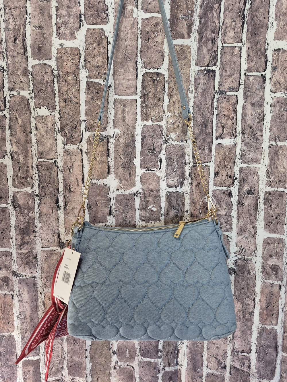 Betsey Johnson Denim Quilted Heart Crossbody Bag XOX With Bandana - Picture 3 of 16